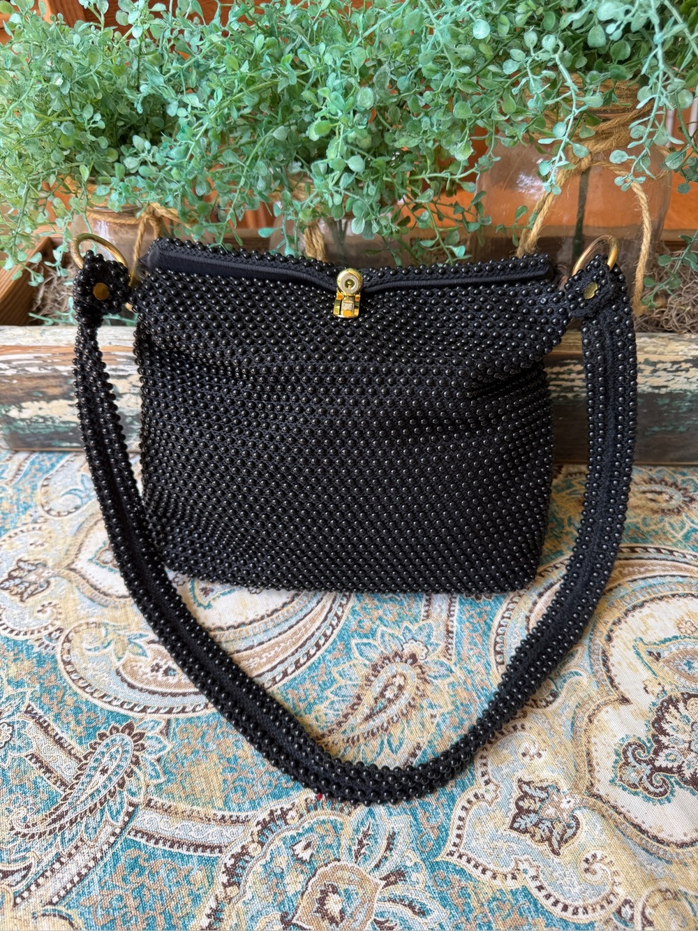 Candy Dot Bead Purse 1950s-70s Hinged Frame Black Shoulder Bag Vintage